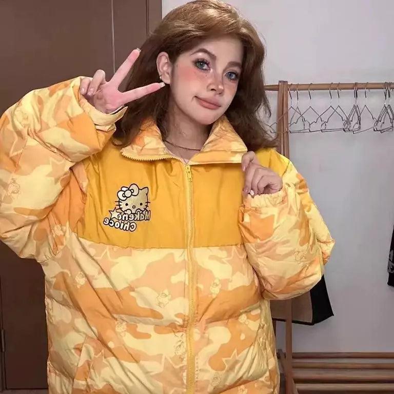 Yellow camo puffer jacket discount
